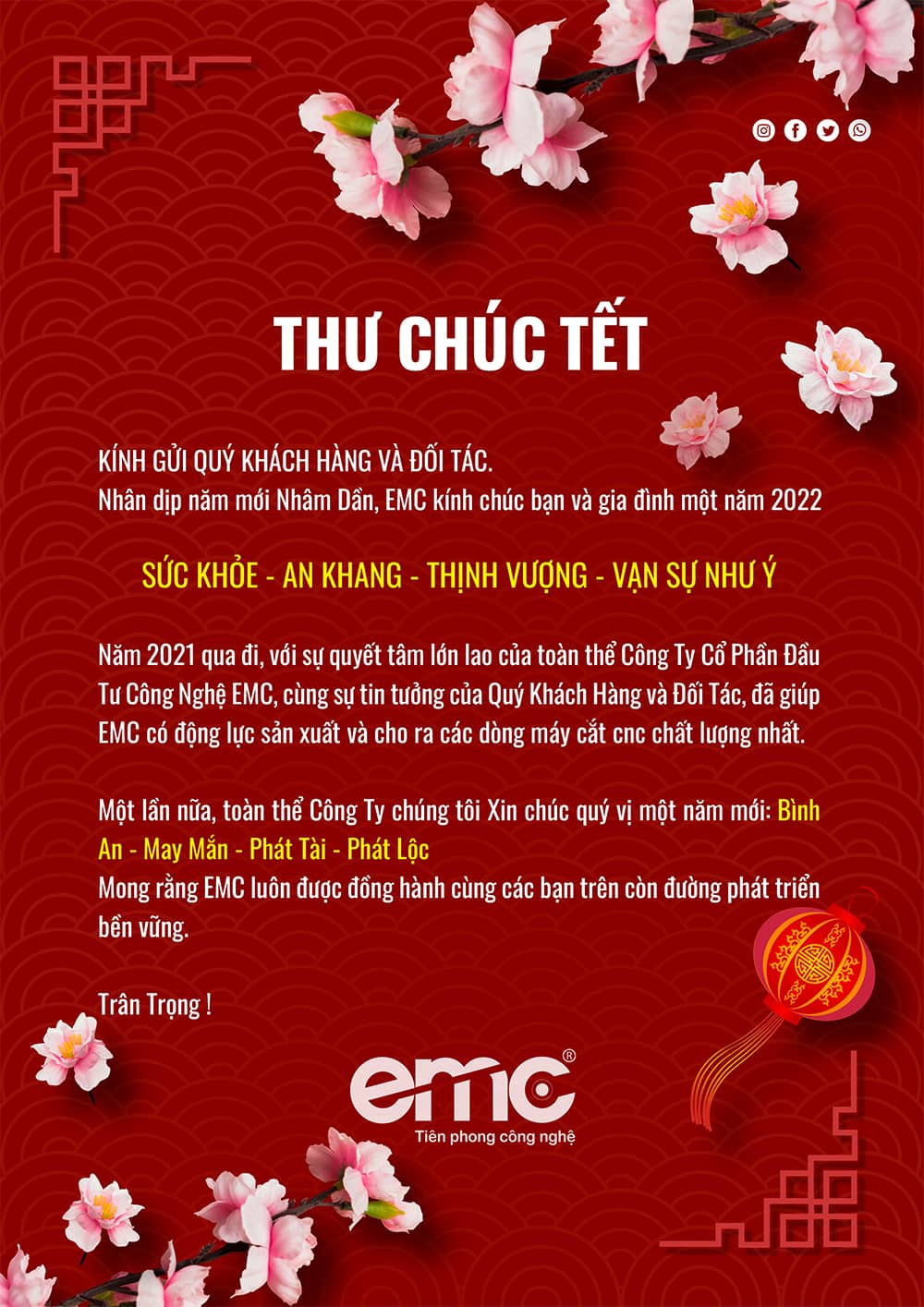 Thư Chúc Tết 2022 Cho Khách Hàng, Đối Tác của EMC