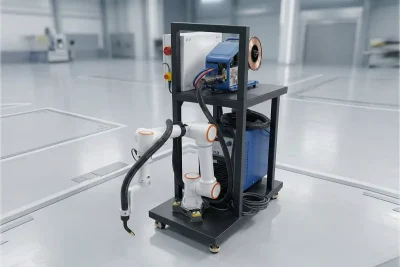 Robot hàn cộng tác (Cobot) EMC vận hành cạnh công nhân trong xưởng cơ khí